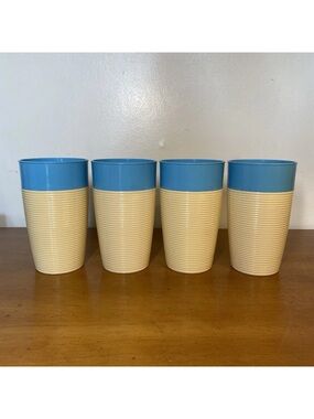 Raffiaware Thermo Temp 12 Oz. Tumblers Cups Insulated Blue Vintage MCM, Set Of 4